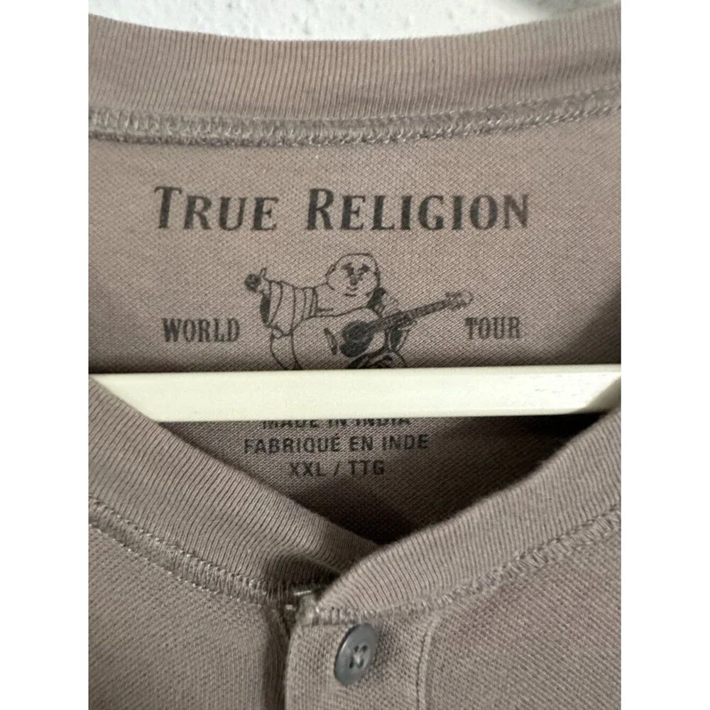 True Religion Men’s XXL Taupe Long Sleeve Henley Shirt Embroidered Logo Casual